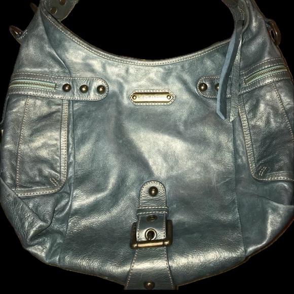 ISABELLA FIORE Vtg Large Blue Metallic Shimmer Stud Leather Hobo Handbag Satchel - Picture 2 of 16